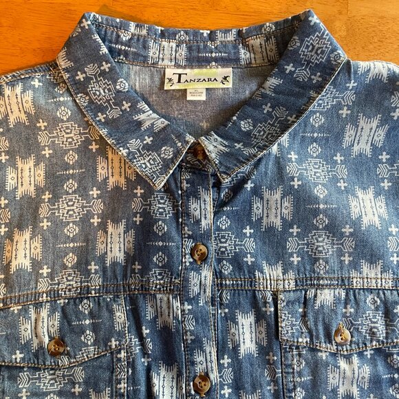 Size XL Tarzana long sleeved distressed denim Aztec western button down shirt - Picture 5 of 12